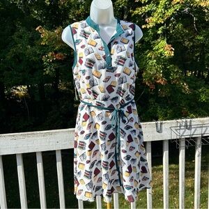 Modcloth Teal and White books print sleeveless pockets Dress size M NEW